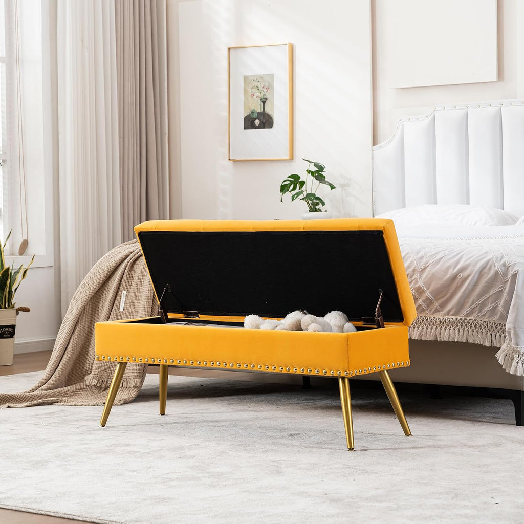40" Mustard Yellow Velvet Storage Bench with Gold Legs Nailhead Trim | Tufted Ottoman, End of Bed Bench, Upholstered, For Bedroom/Living Room/Window/Entryway/Dining Bench, Modern, Rectangle
