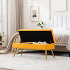 40" Mustard Yellow Velvet Storage Bench with Gold Legs Nailhead Trim | Tufted Ottoman, End of Bed Bench, Upholstered, For Bedroom/Living Room/Window/Entryway/Dining Bench, Modern, Rectangle