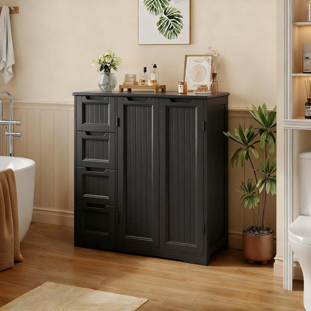 Gizoon Wooden Bathroom Floor Cabinet, Side Storage Organizer Cabinet with 4 Drawers & Double Doors, Freestanding Entryway Storage Unit Console Table, Bathroom Living Room Dining Kitchen, Black