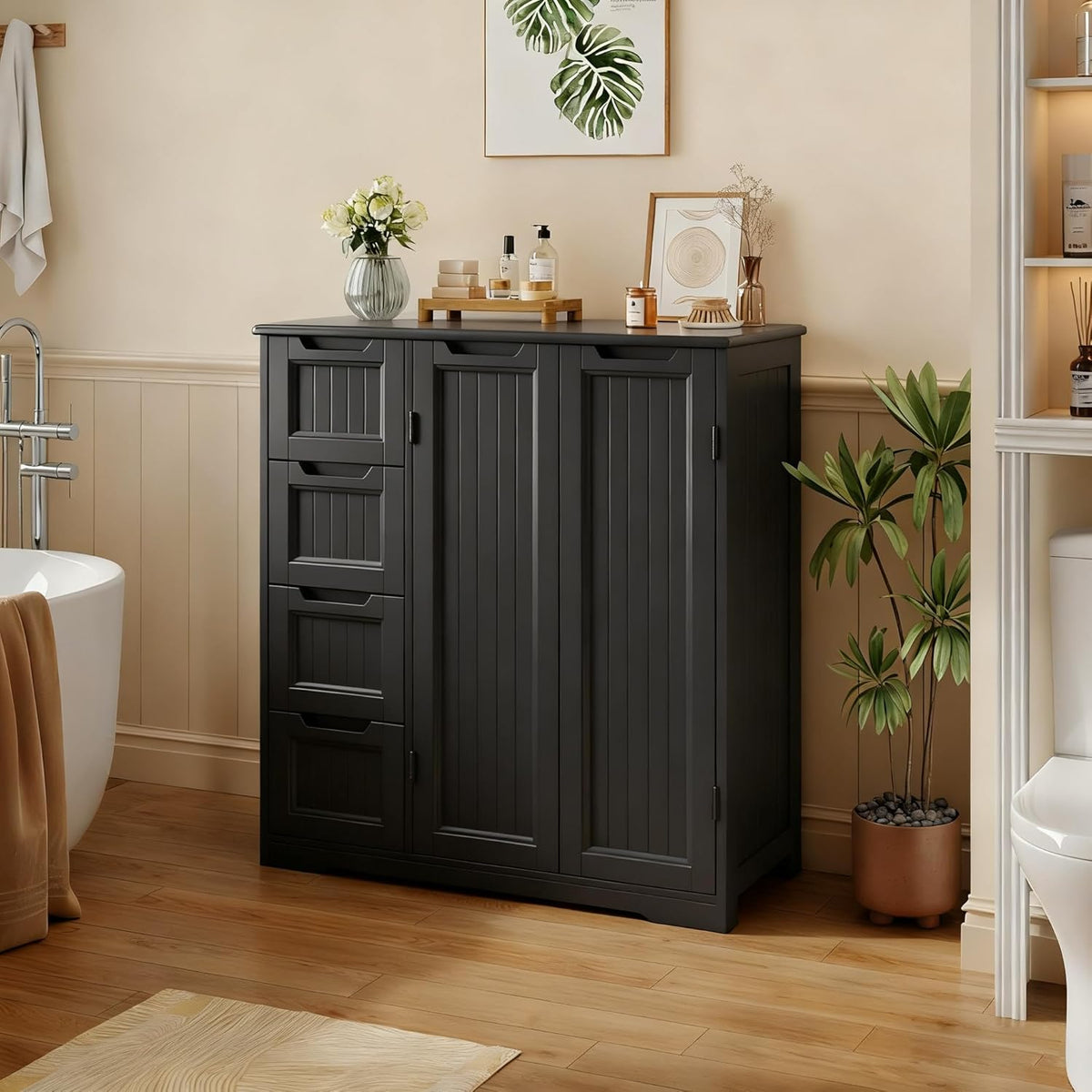 Gizoon Wooden Bathroom Floor Cabinet, Side Storage Organizer Cabinet with 4 Drawers & Double Doors, Freestanding Entryway Storage Unit Console Table, Bathroom Living Room Dining Kitchen, Black