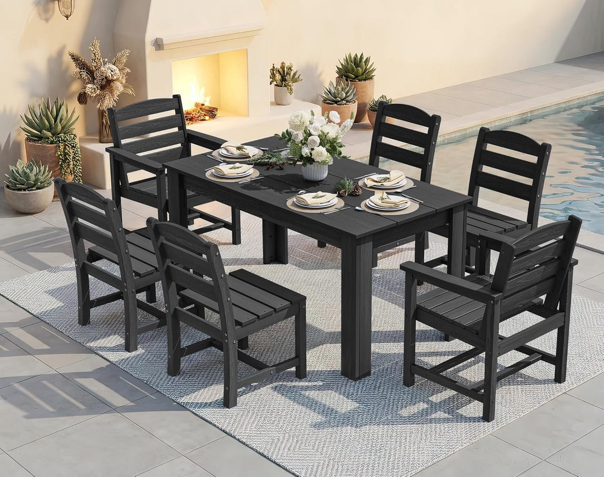 SERWALL HDPE Dining Set for 6: 1 Umbrella Hole Table, 4 Armless + 2 Armchairs. Includes 6 Plastic Woven Placemats – Heat-Resistant, Non-Slip & Easy to Clean. for Patio, Garden, Backyard. Black