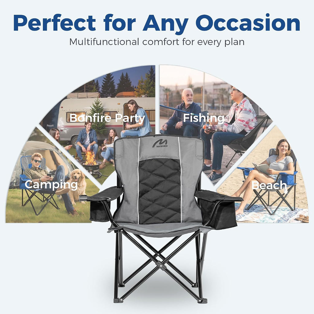 Oversized Padded Camping Chair, Heavy Duty Steel Frame, 450 lb Capacity, Folding Camp Chair with 6-Can Cooler, Carry Bag for Outdoor Camping, Beach, Hiking(Gray & Black)