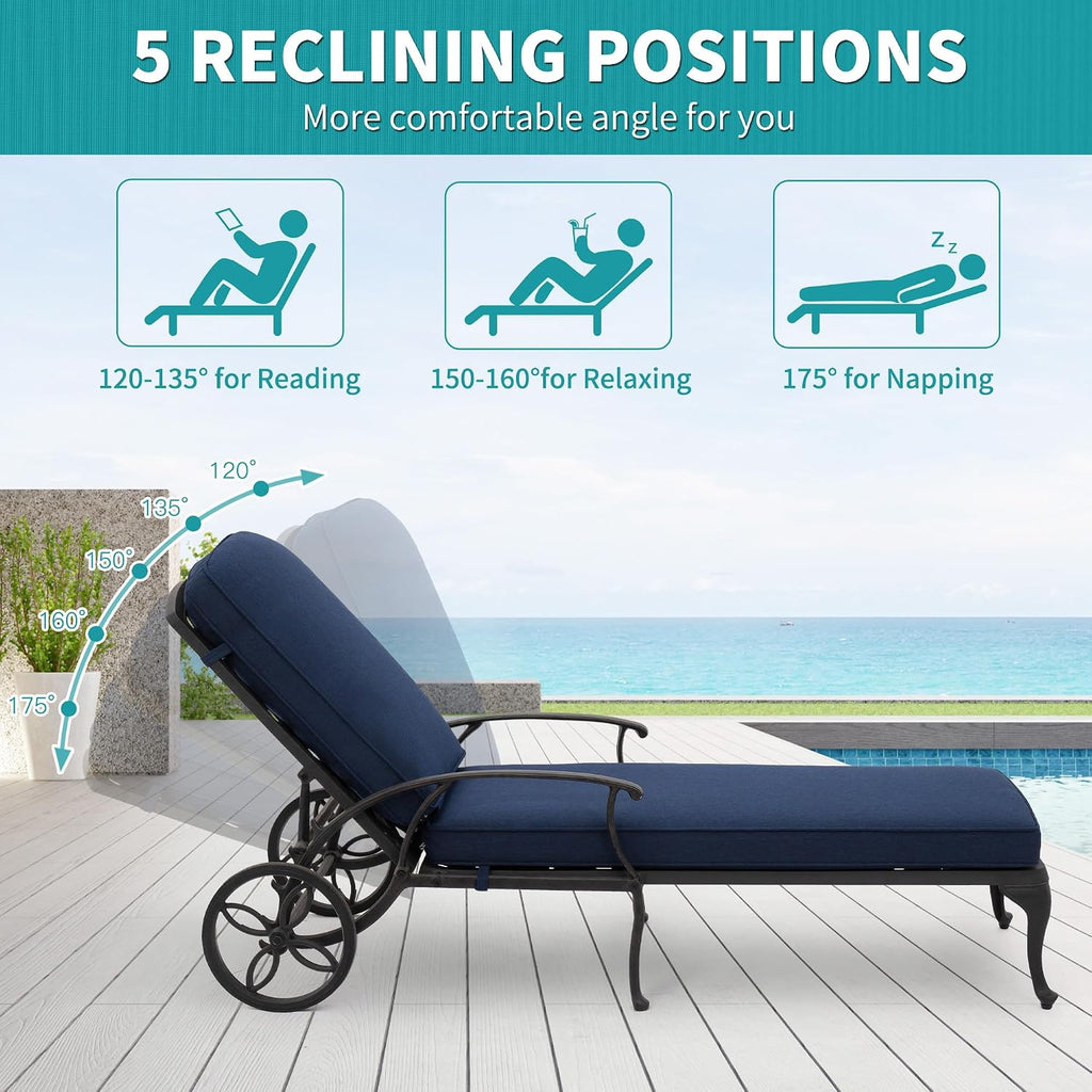 HOMEFUN Chaise Lounge Chair Outdoor - Poolside Chairs Set of 2 with Cushion Cast Aluminum Waterproof Lounger with Wheels and Adjustable Reclining, Pack of 2 (Navy Blue Cushion)