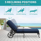 HOMEFUN Chaise Lounge Chair Outdoor - Poolside Chairs Set of 2 with Cushion Cast Aluminum Waterproof Lounger with Wheels and Adjustable Reclining, Pack of 2 (Navy Blue Cushion)