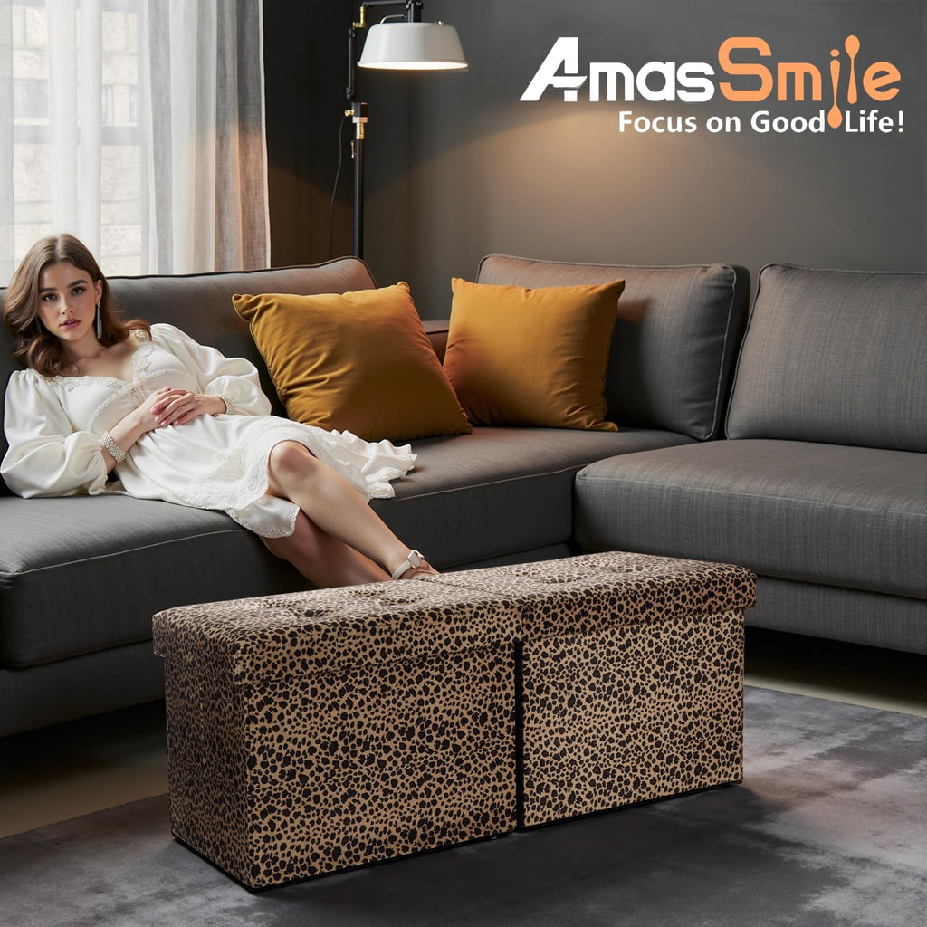 AmasSmile Footrest Ottoman Storage Bench,34" Velvet Folding Chest,Leopard | Large Ottoman with Storage,Thicker Foam Padded Seat,Livingroom,Dorm,Bedroom,Entryway,Easy to install,34 x 13 x 13in