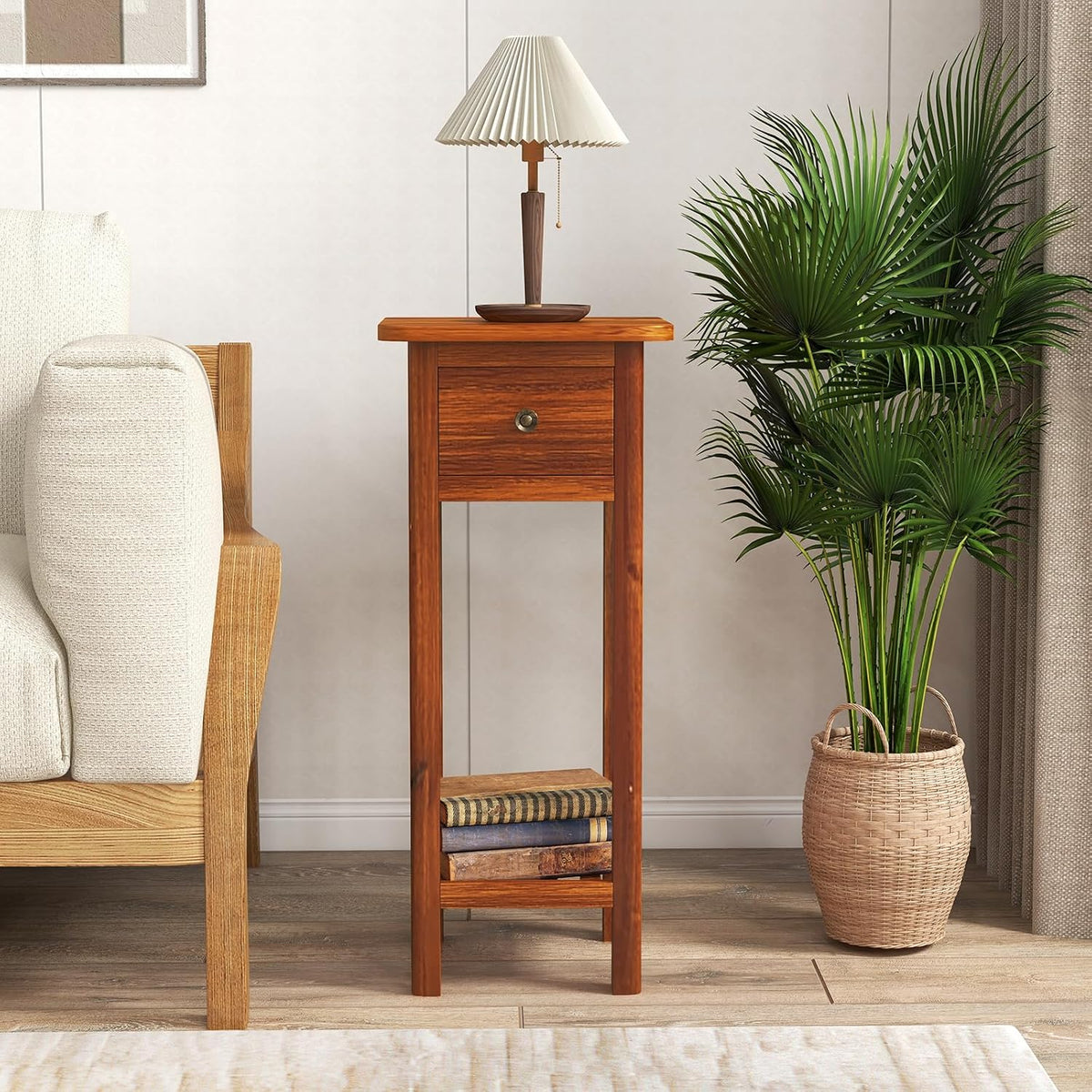 SlickBlue 2-Tier Slim Bedside Table with Drawer and Shelf for Living Room Bedroom