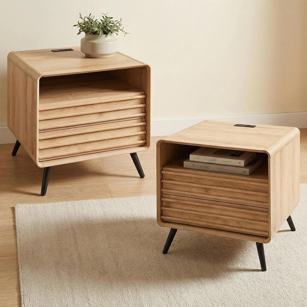 RedLemon 24" Nightstand Set of 2 with Charger Station, Mid Century Modern Fluted End Table with 2 Drawers, Wooden Side Table with Open Cubby Storage for Living Room, Bedroom, Office(Natural Oak)