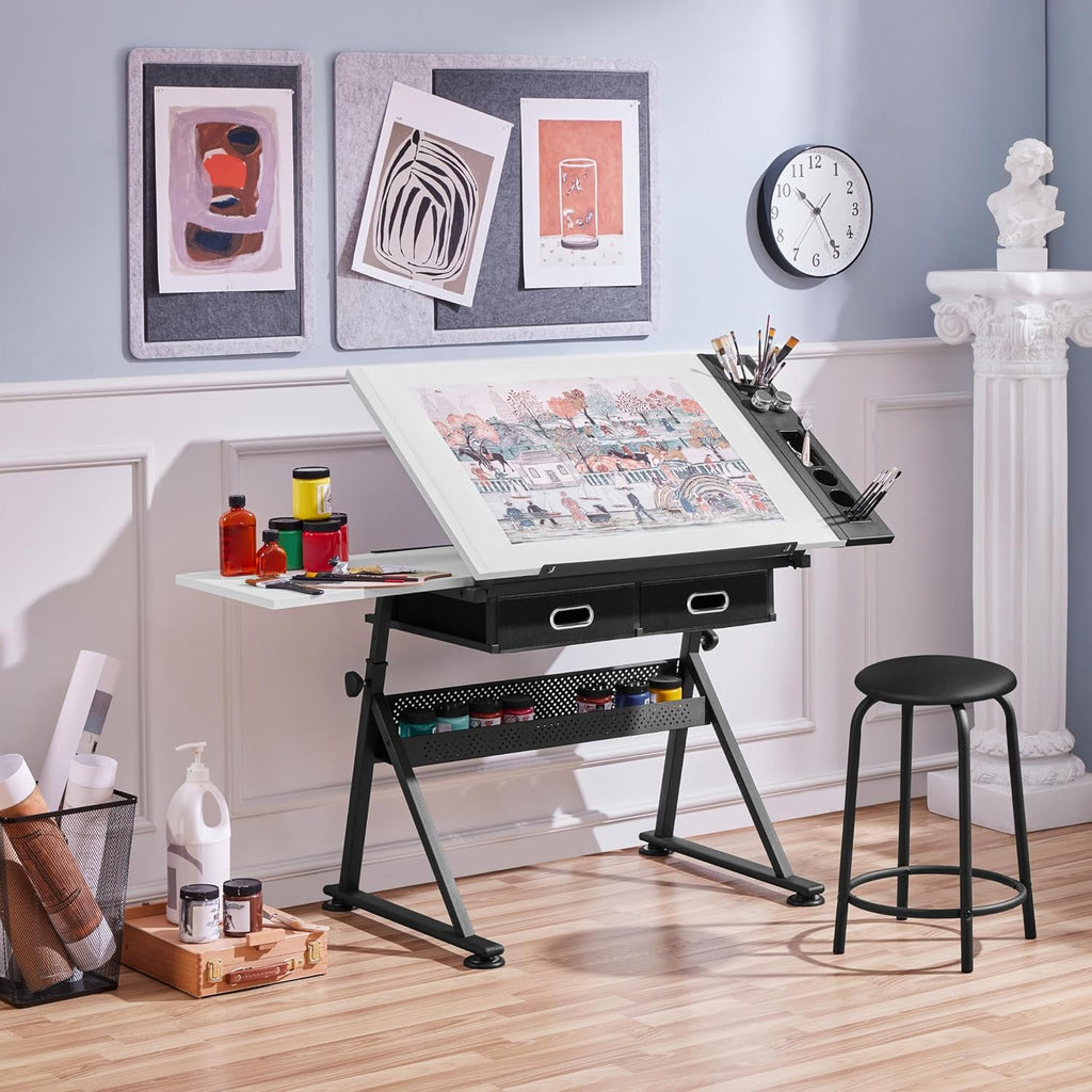 Yaheetech Adjustable Drafting Table Art Desk,Storage Drawers & Stool,White | MDF tabletop tilts 0-60° on a metal frame for drawing, crafts, and homework, with two supply drawers and a matching stool.
