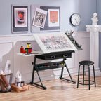 Yaheetech Adjustable Drafting Table Art Desk,Storage Drawers & Stool,White | MDF tabletop tilts 0-60° on a metal frame for drawing, crafts, and homework, with two supply drawers and a matching stool.