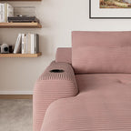 69” Oversized Chaise Lounge Chair Indoor, Soft Floor Chaise Lounge Reading Chairs with 4 Side Pockets and 2 Cup Holders, Comfy Corduroy Sleeper Sofa Bed for Living Room Bedroom, Pink