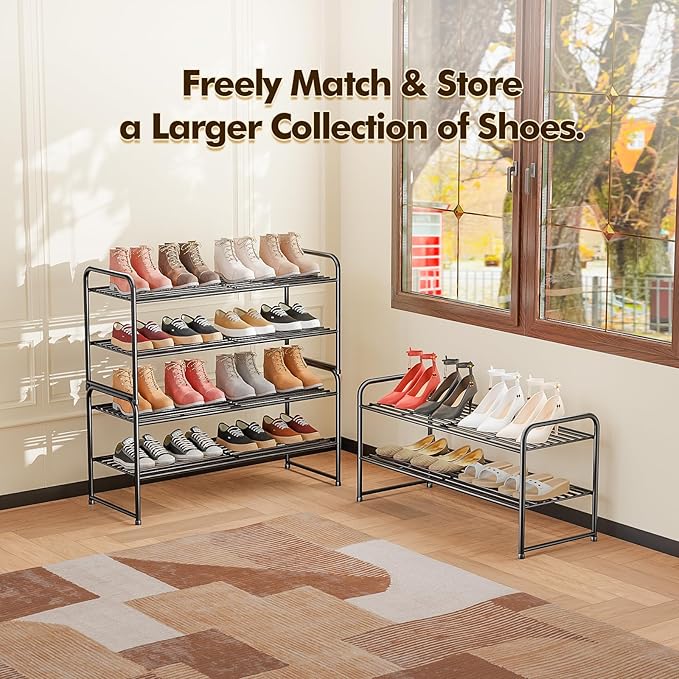 SUFAUY 2 Pack 2-Tier 33" Wide Shoe Rack, Shoe Shelf Storage Organizer for Entryway, Extra Large Capacity, Bedroom Footwear Organizer, Wire Grid, Black