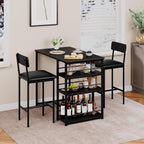 3 Piece Counter Height Dining Table Set for 2 with 3-Tier Storage Open Shelves & Upholstered PU Cushion Chairs, Space Saving Kitchen Table for Small Spaces, Apartment, Pub, Breakfast, Black