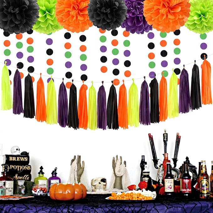 Black-Purple Green-Orange Halloween Tassel-Garland - 20pcs Birthday Party-Decorations Supplies Tassels, Wedding Baby Bridal Shower Decor Panduola