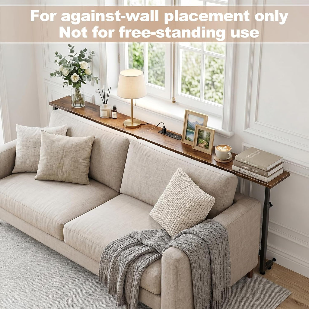 Faesun 67 Inch Behind Couch Table, 23.6"-34.6" Adjustable Height Range, Behind the Couch Table with Outlet, Adjustable Console Table, Narrow Long Sofa Table, for Living Room, Bedroom, Rustic Brown