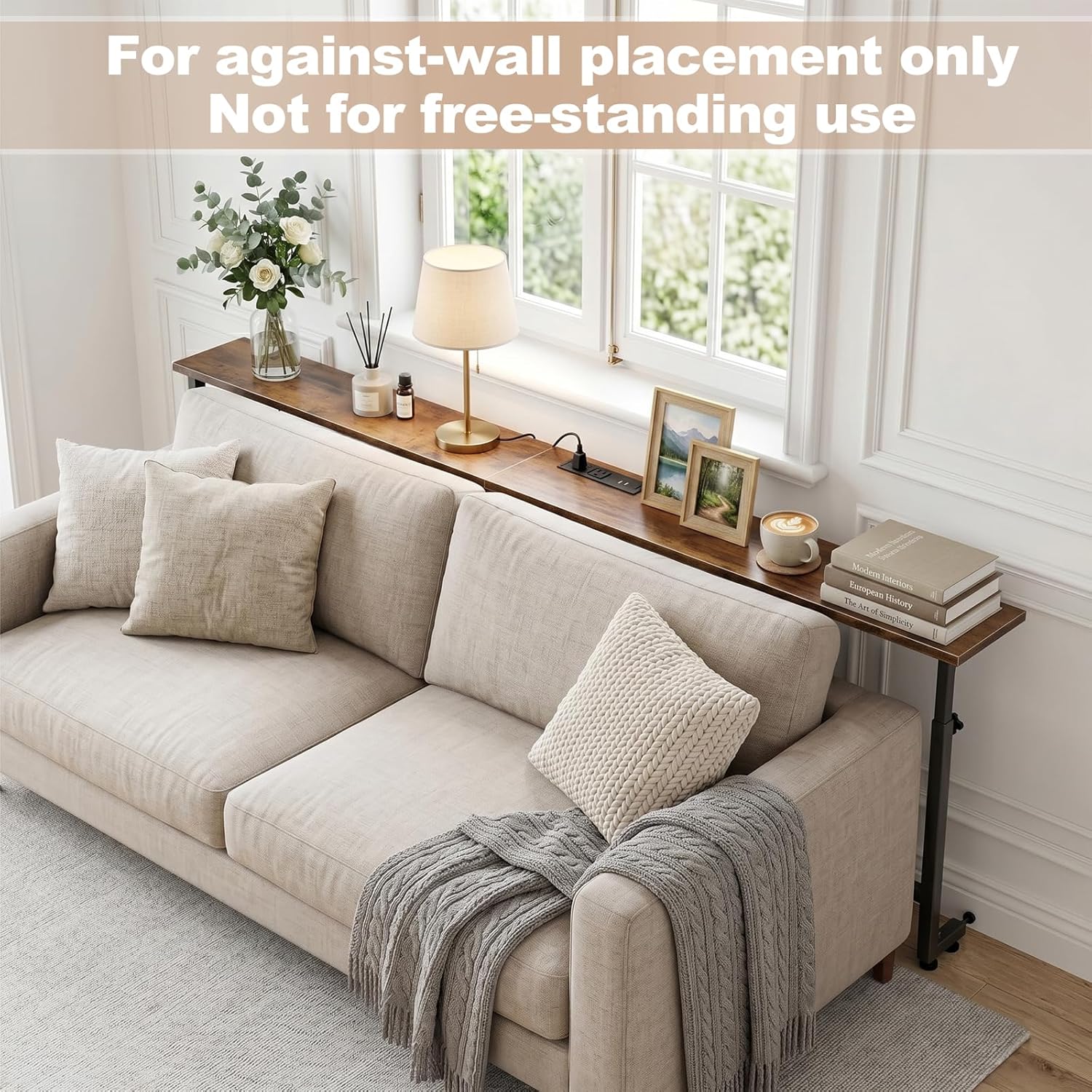 Faesun 67 Inch Behind Couch Table, 23.6"-34.6" Adjustable Height Range, Behind the Couch Table with Outlet, Adjustable Console Table, Narrow Long Sofa Table, for Living Room, Bedroom, Rustic Brown