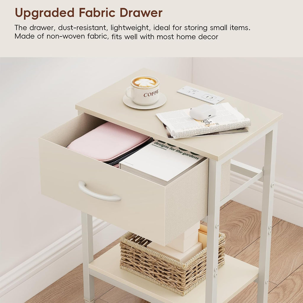 Vagusicc Nightstand with Charging Station, End Table with Fabric Drawer, Small Side Table with 2-Tier Storage Shelves, 25.4" Tall Night Stand, Bedside Table for Bedroom, Living Room, Dorm, Beige