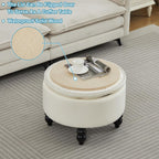 24 Inch Round Ottoman with Storage, Tufted Linen Storage Bench for Bedroom, Living Room & Entryway, Modern Upholstered Coffee Table with Wooden Black Legs, Beige