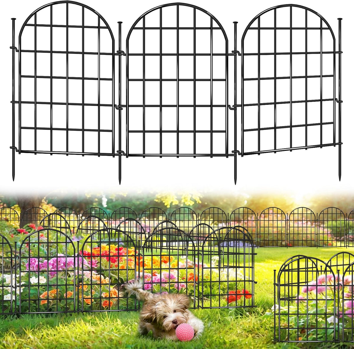 12 Panels Garden Fence, 13.8 ft(L) x 17 in(H) Arched No Dig Fence, Decorative Animal Barrier Fencing with Ground Stake, Rustproof Metal Garden Edging Border for Dog, Rabbit, Outdoor Yard Patio Decor