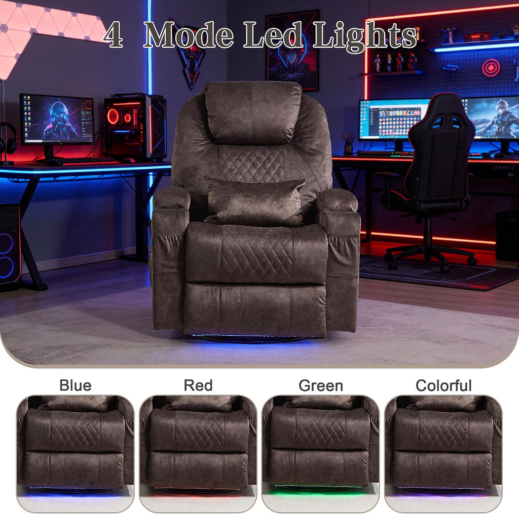 AHMED Dual Motor Power Swivel Rocker Recliner Chair, Velvet Brown | Electric Glider Rocking Chair, Massage & Heat, Cup Holders, LED Lights, USB A/USB C Ports