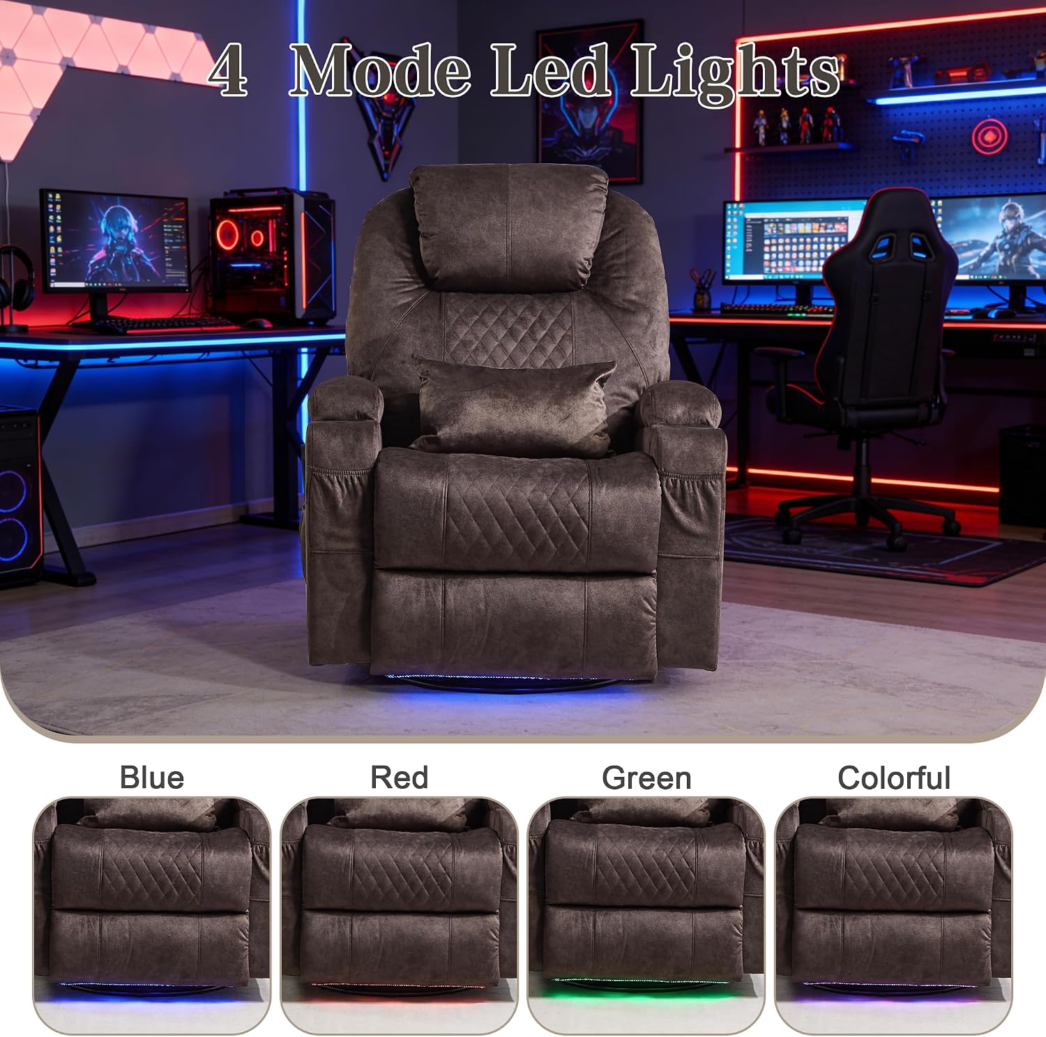 AHMED Dual Motor Power Swivel Rocker Recliner Chair, Velvet Brown | Electric Glider Rocking Chair, Massage & Heat, Cup Holders, LED Lights, USB A/USB C Ports