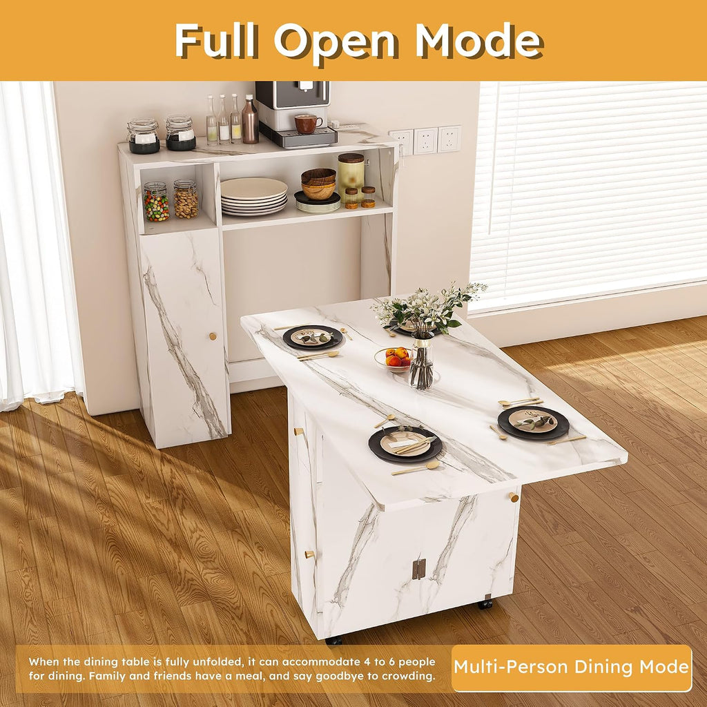 Multifunctional Folding Dining Table with Wall-Mounted Sideboard & Storage, 37.4" Folding Kitchen Island with Wheels, Modern Movable Kitchen Extendable Versatile Table for Small Space White