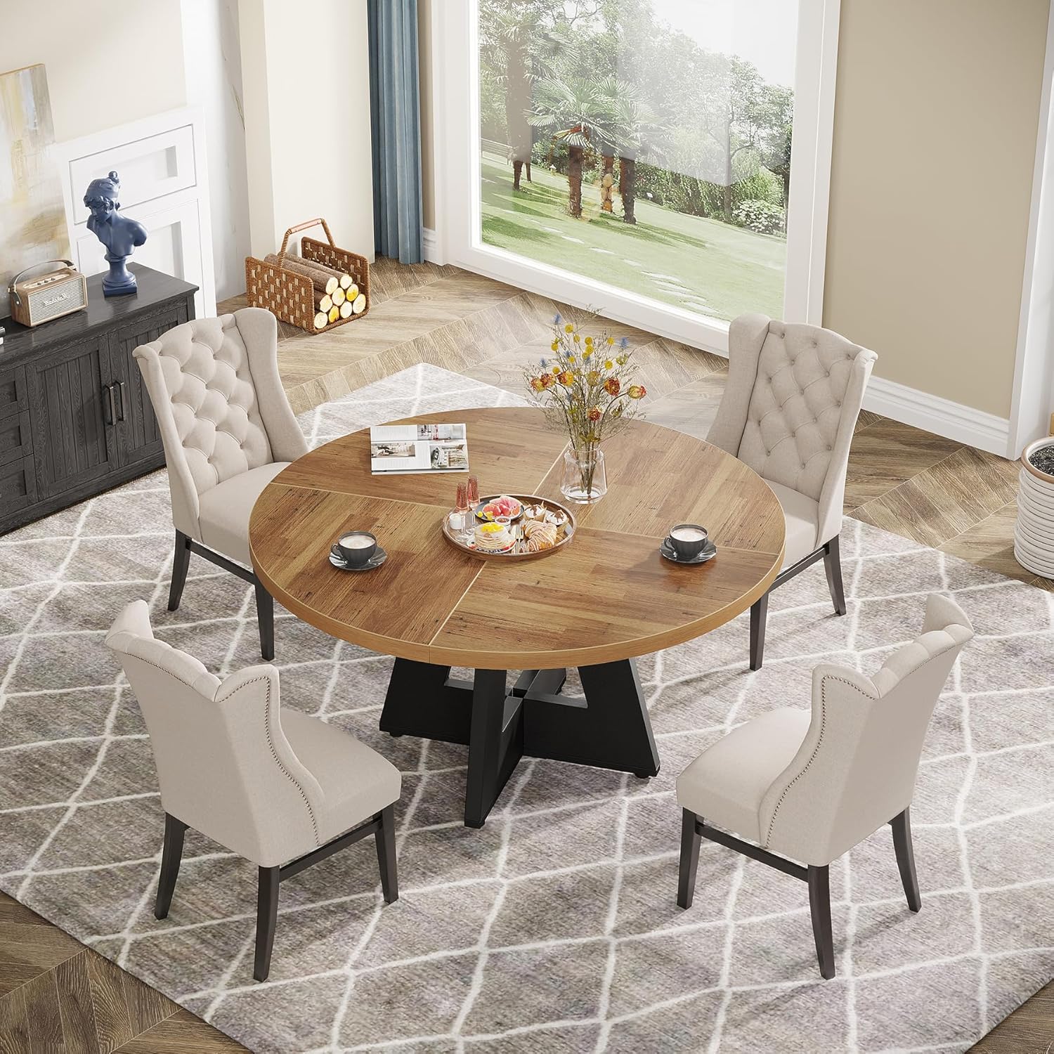 Tribesigns Farmhouse Dining Table, 47 Inch Round Dinner Table for 4, Rustic Round Dining Room Table for Home Dining Room Living Room (Walnut Brown+Black)