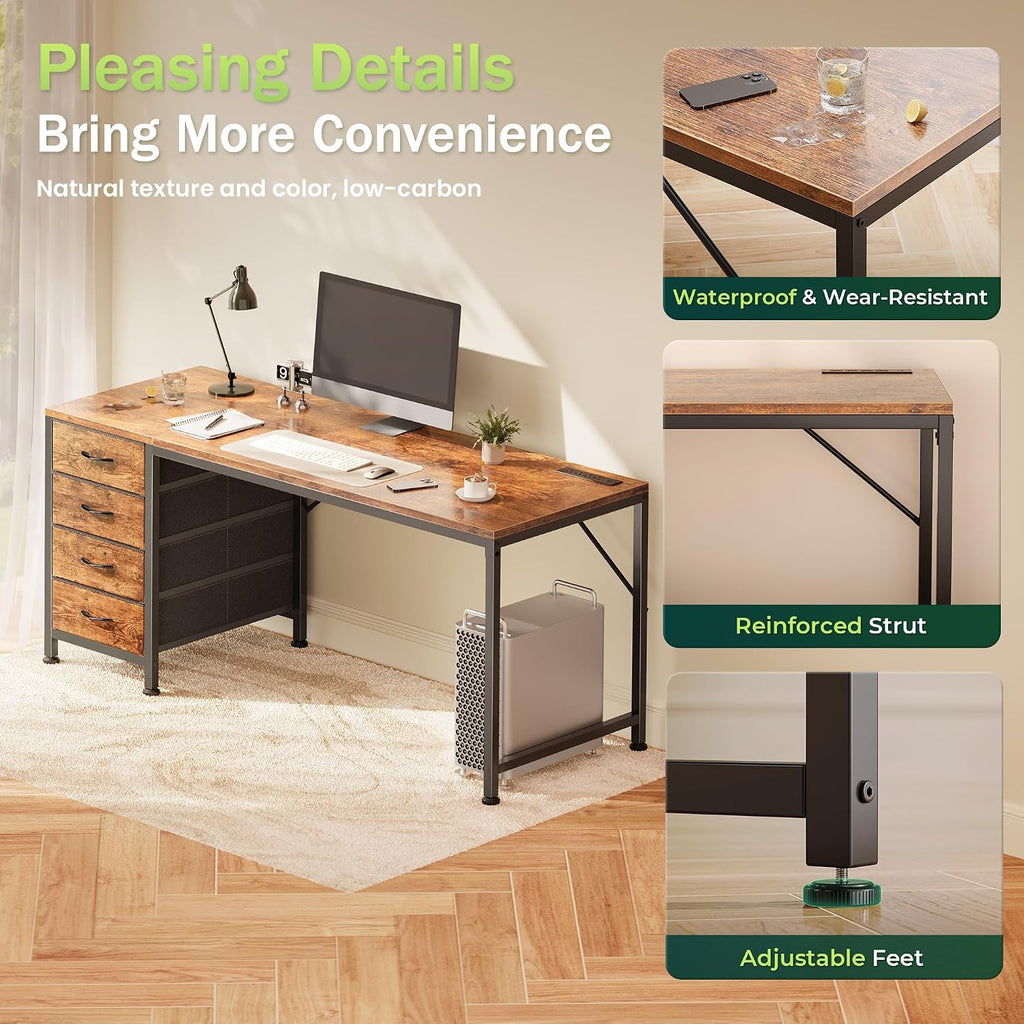 PRAISUN 55.1 Inch Computer Office Desk with Power Outelts and USB-C Port, Reversible Gaming Desk with 4 Fabric Drawers, Work Study Desk Work from Home, Rustic Brown