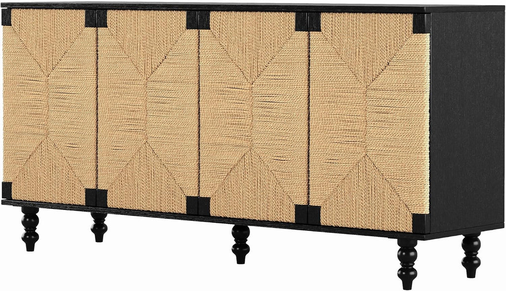 Handwoven Seagrass Doors Sideboard, 59 Inch Boho TV Stand Media Console Buffet Cabinet with Solid Wood Legs, Black and Natural Finish for Dining Room, Living Room, Entryway Storage