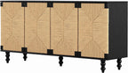 Handwoven Seagrass Doors Sideboard, 59 Inch Boho TV Stand Media Console Buffet Cabinet with Solid Wood Legs, Black and Natural Finish for Dining Room, Living Room, Entryway Storage