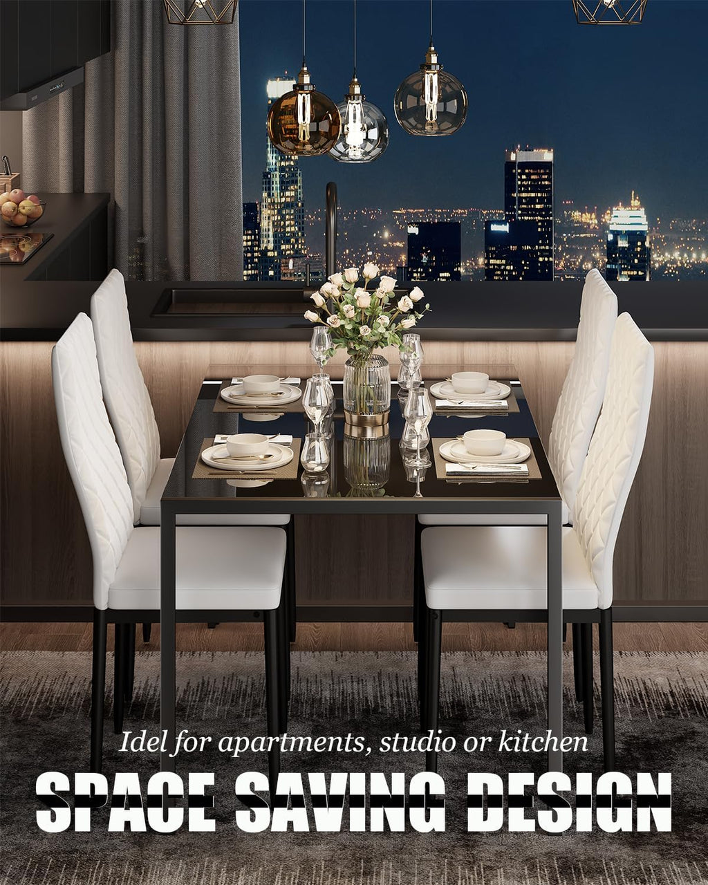 Dining Table Set for 4, Kitchen Table and Chairs Set of 4, 5 Piece Modern Dining Room Table Set with Tempered Glass Top and PU Leather Chairs for Small Space, Apartment, Poker