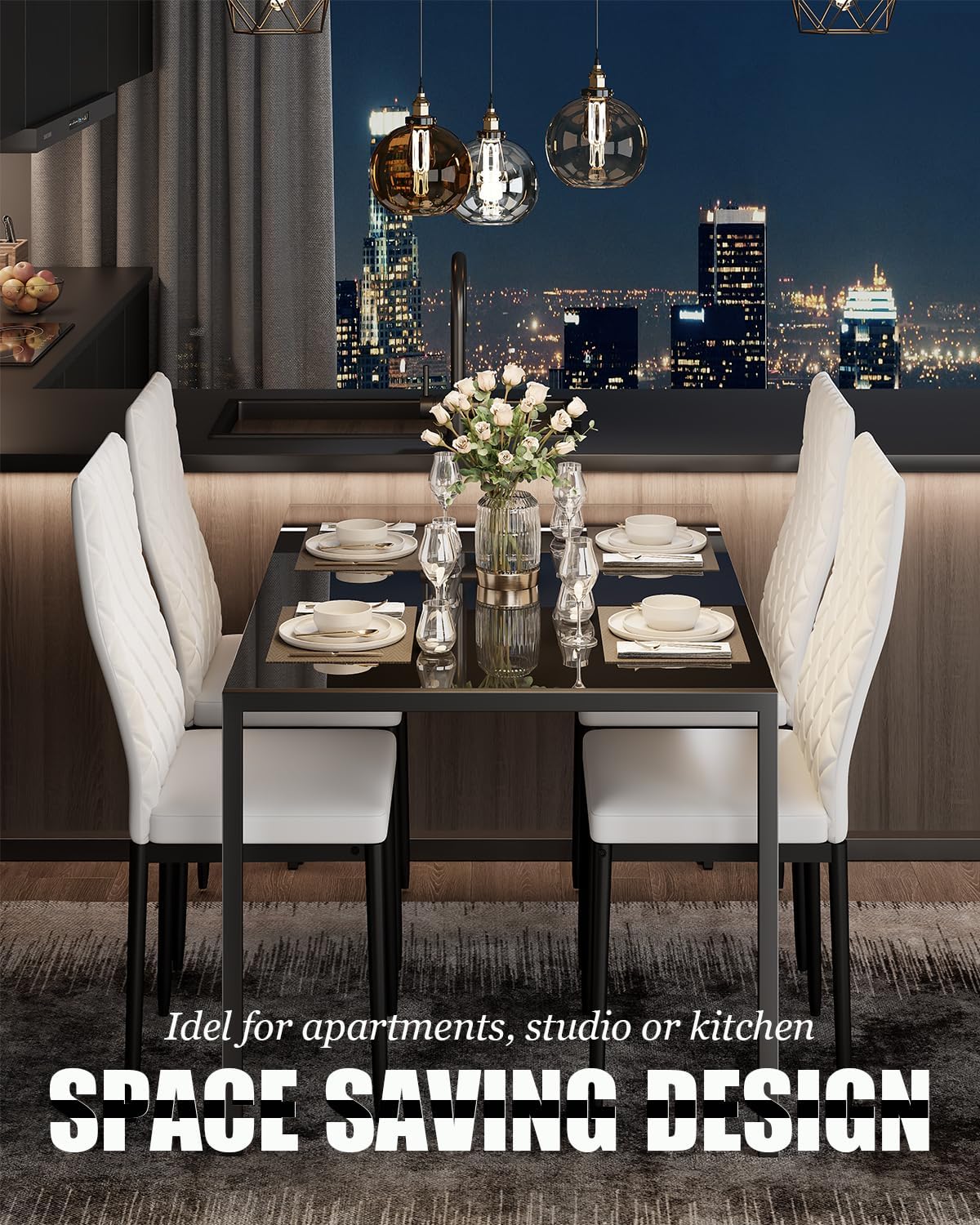 Dining Table Set for 4, Kitchen Table and Chairs Set of 4, 5 Piece Modern Dining Room Table Set with Tempered Glass Top and PU Leather Chairs for Small Space, Apartment, Poker