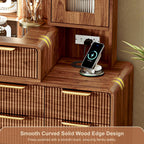 Glass Top Makeup Vanity with 3-Color LED Lighted Mirror & Power Strip, Large Vanity Table with 9 Drawers, Enclosed Cabinet & 2-Tier Open Shelves, Wooden Legs Bedroom Dressing Table, 47.2"W, Walnut