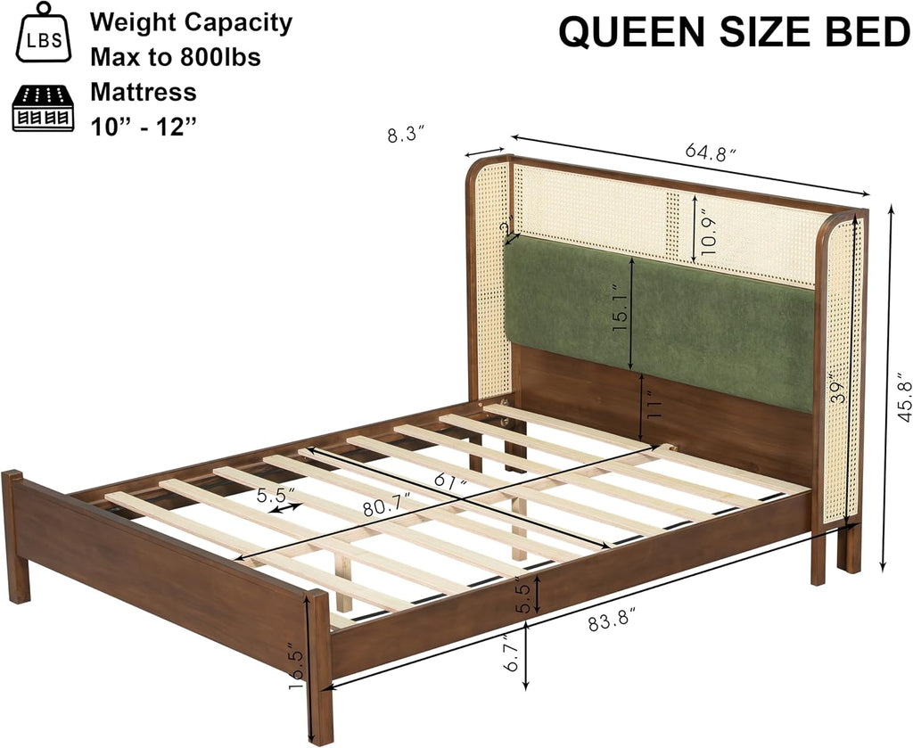 Merax Classic Retro Queen Platform Bed with Rattan Headboard, Wood Bed Frame No Box Spring Needed/Easy Assemble, Walnut + Green