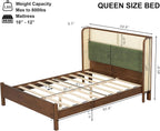 Merax Classic Retro Queen Platform Bed with Rattan Headboard, Wood Bed Frame No Box Spring Needed/Easy Assemble, Walnut + Green