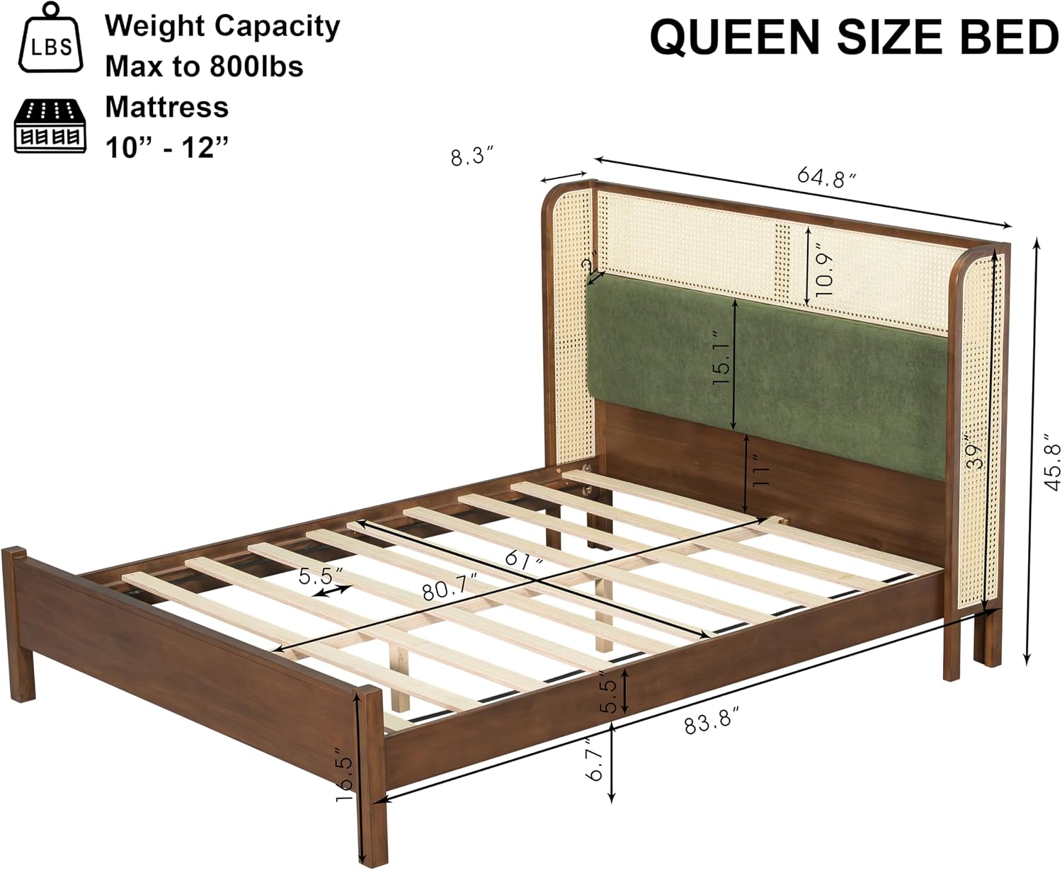 Merax Classic Retro Queen Platform Bed with Rattan Headboard, Wood Bed Frame No Box Spring Needed/Easy Assemble, Walnut + Green