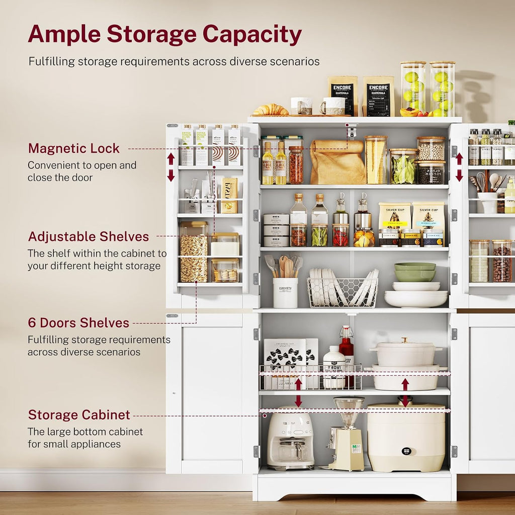 TEENFON 51" H Pantry Cabinet with 4 Doors, Kitchen Cabinet with 6 Door Shelves, Storage Cabinet for Living Room, Dining Room, Bathroom, White