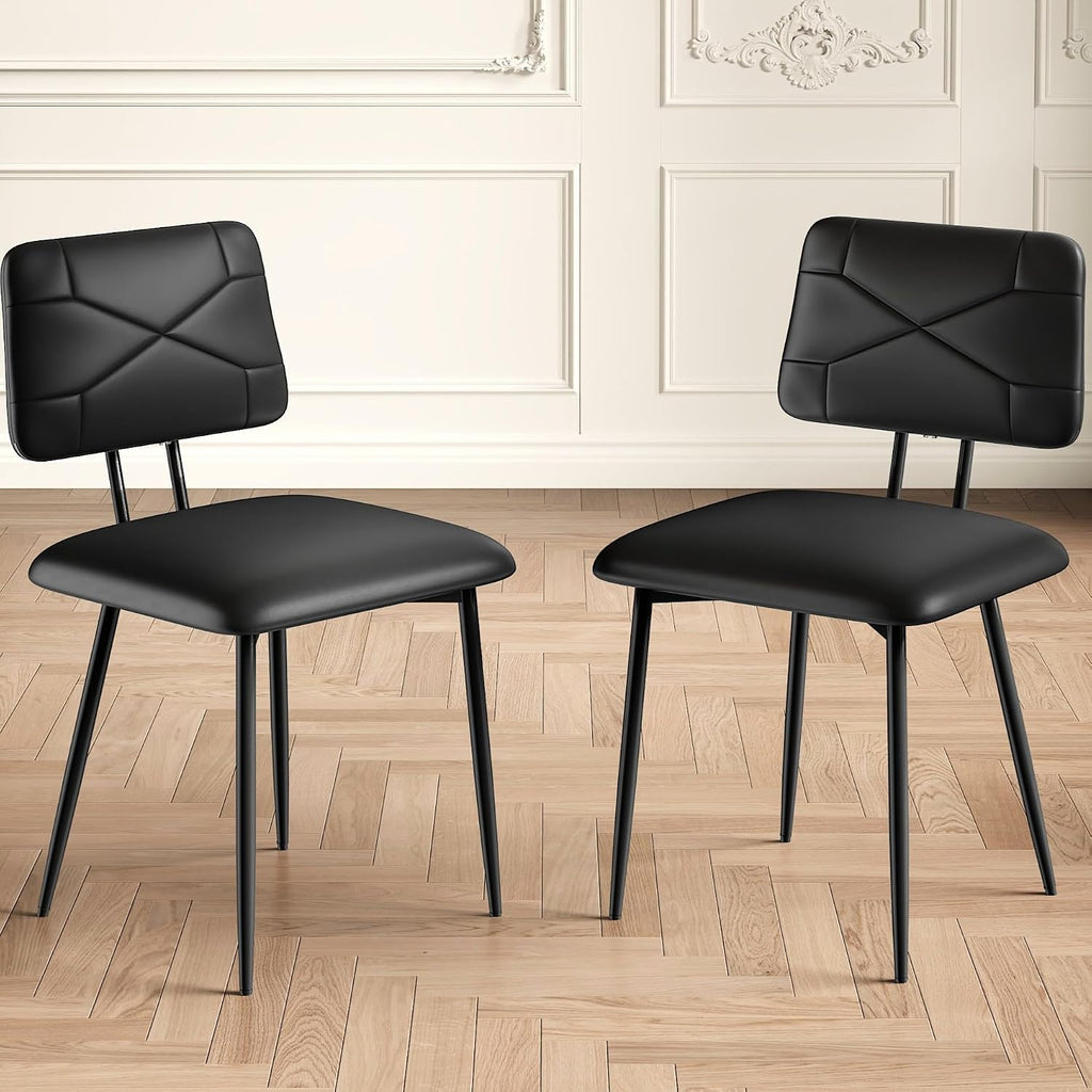 VECELO Dining Chairs Set of 2, Modern Upholstered Kitchen Chairs with Faux Leather Cushion Seat & Metal Legs for Kitchen, Living Room, Tufted Backrest Design, Black