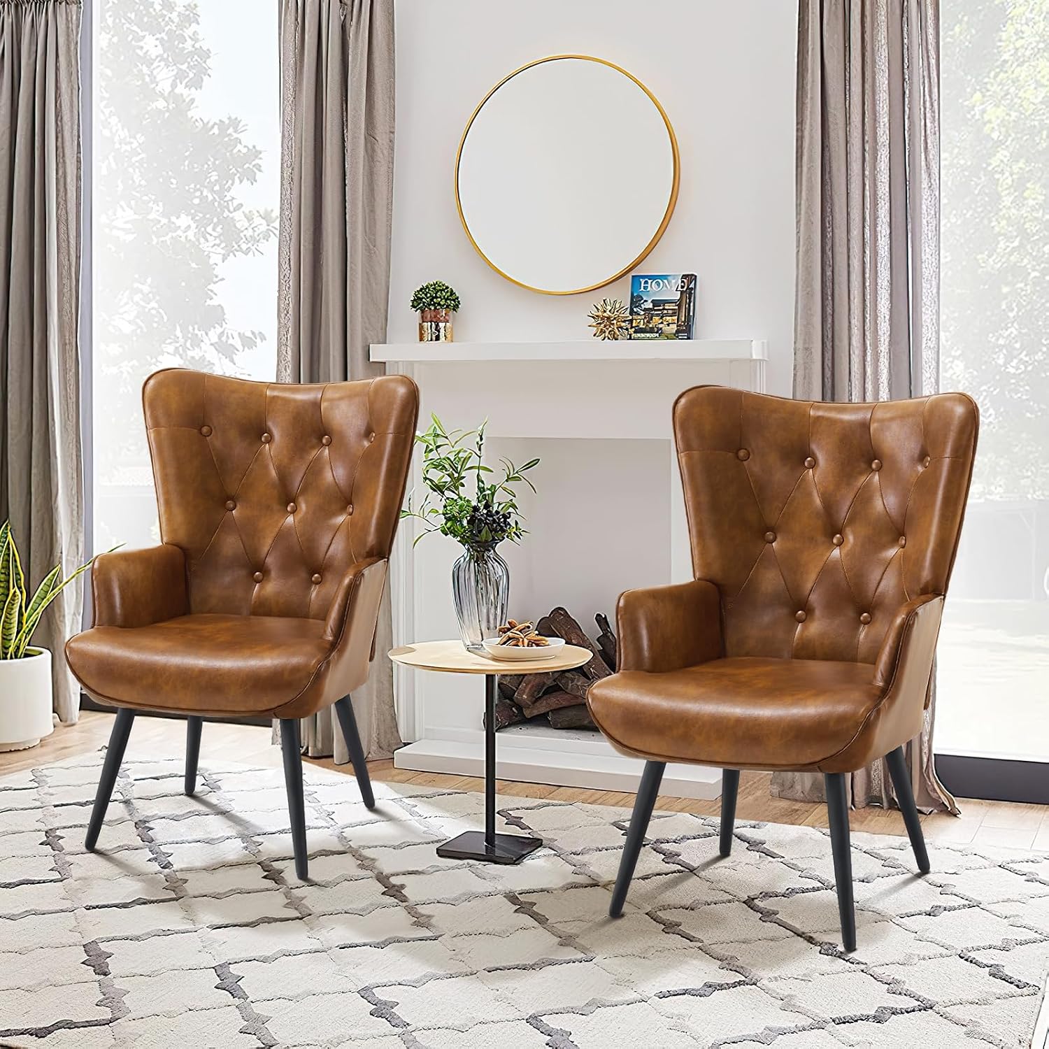 Furnimart Accent Chairs Set of 2, Brown PU Leather Reading Armchair with High Backrest, Wingback Corner Chair Mid Century Modern for Living Room, Bedroom, Waiting Room