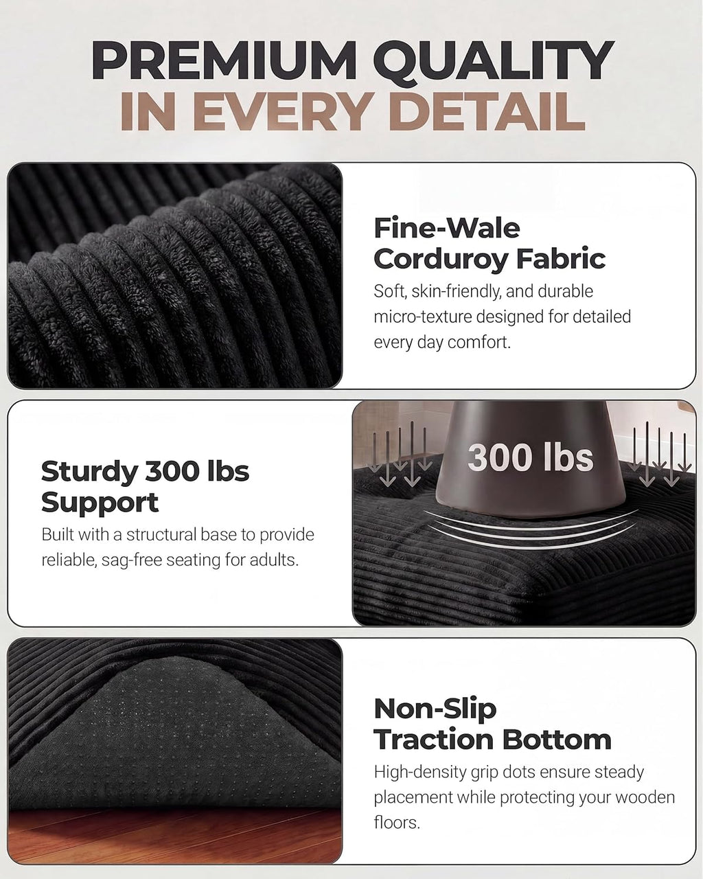 23.6in Pouf Ottoman, Corduroy Ottoman Foot Rest with Dual‑Layer Support, Large Plush Pouf with Soft Chunk‑Foam Top & Firm Foam Base, Floor Foot Stool for Living Room, Black