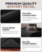 23.6in Pouf Ottoman, Corduroy Ottoman Foot Rest with Dual‑Layer Support, Large Plush Pouf with Soft Chunk‑Foam Top & Firm Foam Base, Floor Foot Stool for Living Room, Black