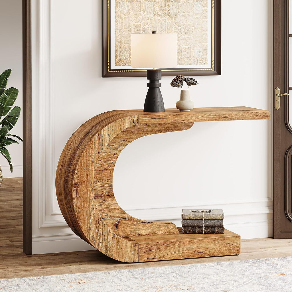 Tribesigns 43.3" Mid-Century Modern Console Table for Entryway, Wood C-Shaped Hallway Entry Accent Table for Living Room, Entrance, Foyer, Easy Assembly, Natural Brown