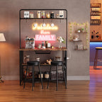 Industrial Kitchen Island Dining Table with Power Outlet, Retro | Microwave Stand with Storage Shelves, 2 Bar Stools and 5 Hooks, Coffee Bar for Dining Room, Living Room