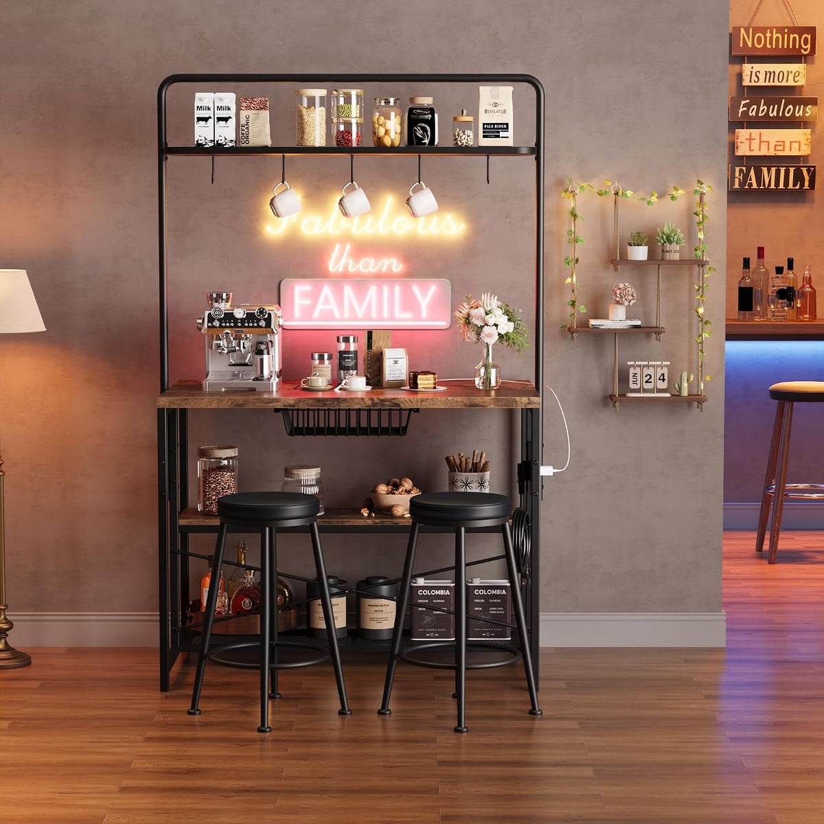 Industrial Kitchen Island Dining Table with Power Outlet, Retro | Microwave Stand with Storage Shelves, 2 Bar Stools and 5 Hooks, Coffee Bar for Dining Room, Living Room