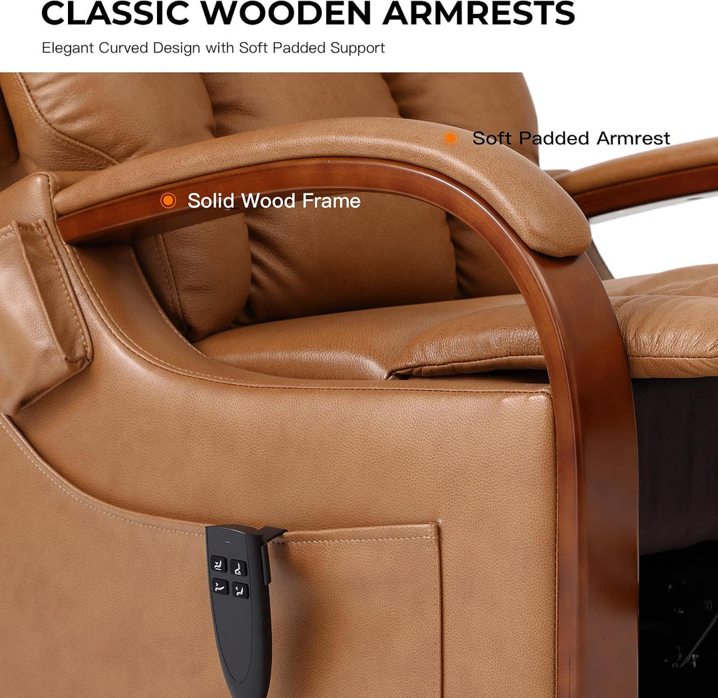 DYNOX Small Lift Chair Recliner with Heat and Massage, Dual Motor Power Lift Sofa for Elderly,Infinite Adjust for Back and Footrest,Side Pocket(9185,Genuine Leather,Camel