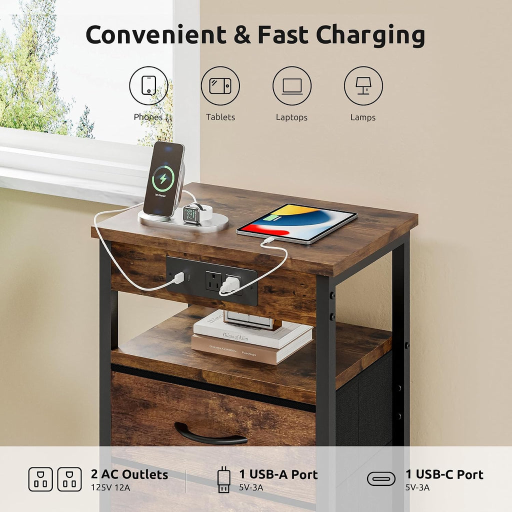 Lazzanto Night Stand with Charger Station for Bedroom, Brown Nightstand | Bedside Table, Open Shelf, 2 Fabric Drawers, Built in USB-A, USB-C Port & AC Outlets, For Dorm, Living Room, Bedroom