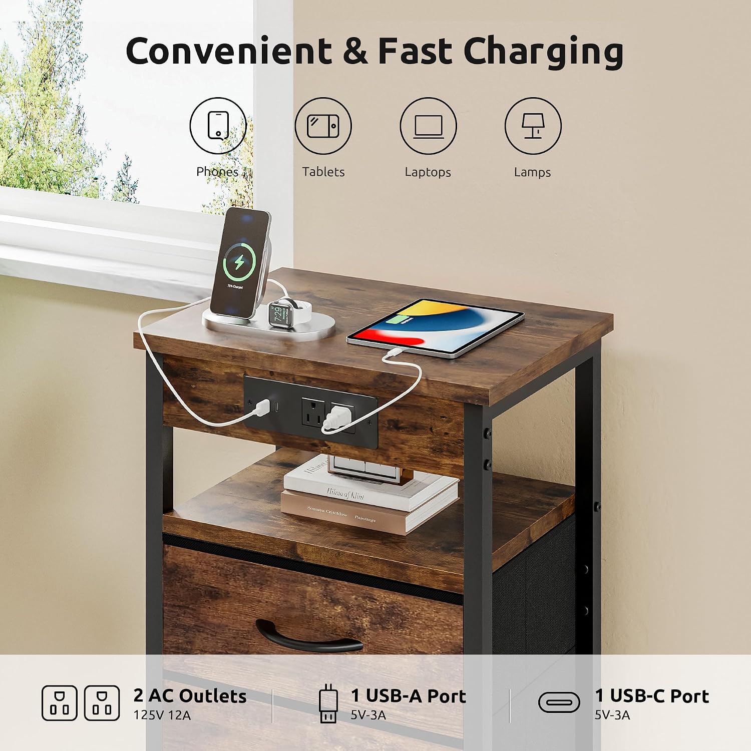 Lazzanto Night Stand with Charger Station for Bedroom, Brown Nightstand | Bedside Table, Open Shelf, 2 Fabric Drawers, Built in USB-A, USB-C Port & AC Outlets, For Dorm, Living Room, Bedroom