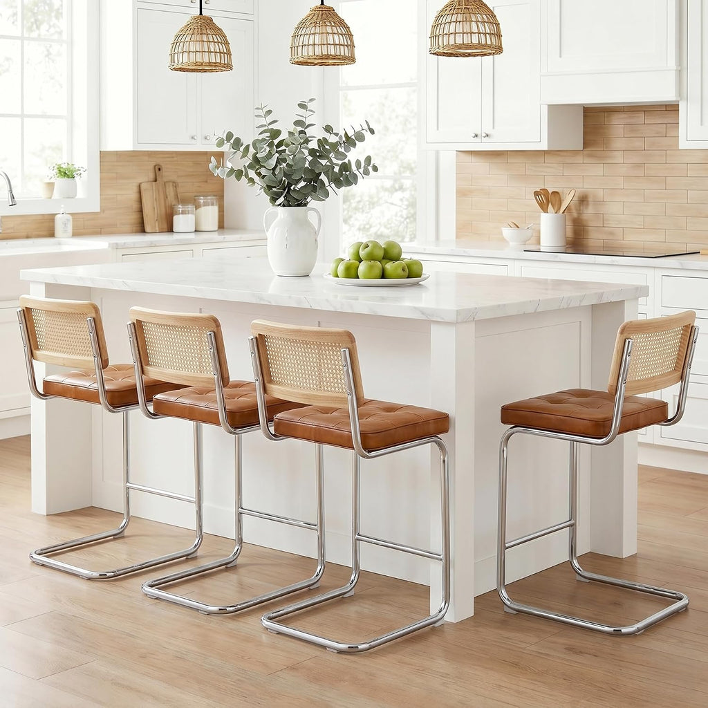 Zesthouse Natural Rattan Counter Stools Set of 2, 26" Modern Boho Barstools | Mid Century Modern Barstool with Cane Mesh & Chrome Base, Vintage Faux Leather Counter Height Chair for Kitchen Island, Brown