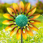 Sunflower Wind Spinners Outdoor, MeyRolizn Metal Pinwheel Wind Sculpture with Stake, Small Windmill for Garden Lawn Yard Patio Outside Art Decor(1pcs-Yellow)