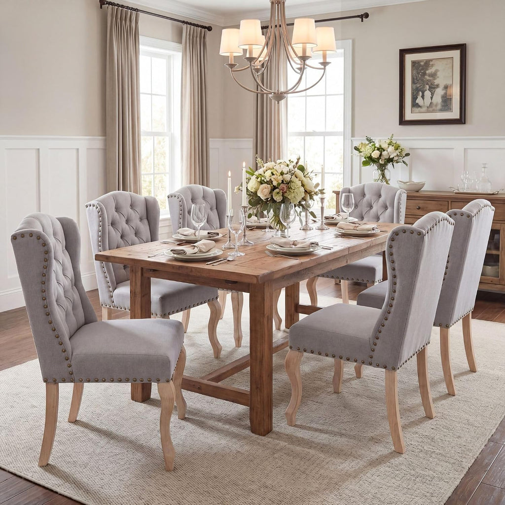 chairus Tufted Upholstered Parsons Dining Chairs Set of 6, Grey Linen | Linen Upholstery, Tufted Wingback, Solid Wood Legs, Nailhead Trim, High Back, French Country Kitchen Chairs for Dining Space