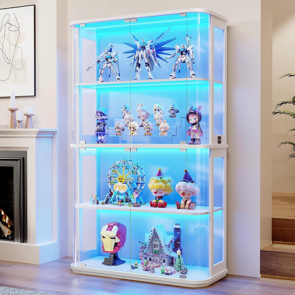 BROTTAR Large Rounded Display Cabinet with Glass Door, 4-Tier Curio Cabinet with 3 Color Lights for Collectibles, Glass Display Case with Transparent Full-Display Surface, Human Body Sensor, White
